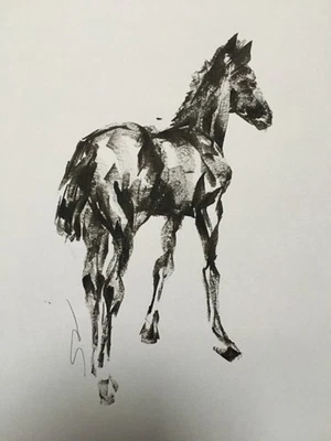 Pintura boceto de estudio de tinta original firmada de un caballo potro pony. Aprox. A3 Foto 1 de 4