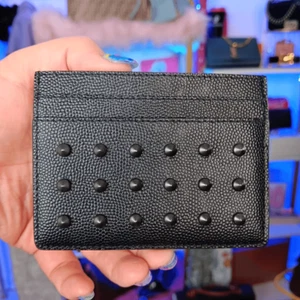 New Yves Saint Laurent Black Metallic Studded Leather Card Holder Unisex men's a - Picture 1 of 9