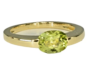 18k Solid Gold Natural Peridot Ring Oval Modern Tailored - Picture 1 of 12