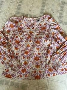Universal Threads Peasant Top Orange Floral on Ivory Long Slv Cotton Blend Med - Picture 1 of 4