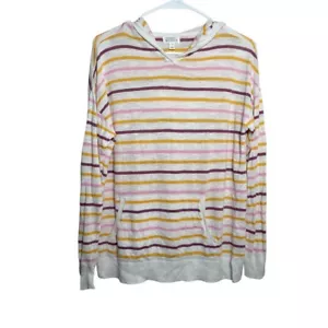 Market & Spruce Sweatshirt Women's Large Striped Hoodie Pullover Linen Blend - Picture 1 of 9