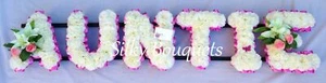 Auntie Artificial Silk Funeral Flower Any 6 Letter Tribute Name Wreath Memorial - Picture 1 of 7