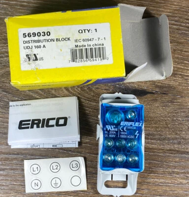New Erico 569030 160A Distribution Block Eriflex 600V 1-P, 1000VAC/DC - Image 1 of 4