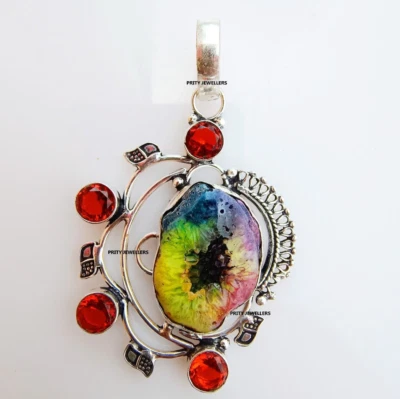 Hermoso colgante de cuarzo solar arco iris con topacio rojo de plata de ley 925 Foto 1 de 4