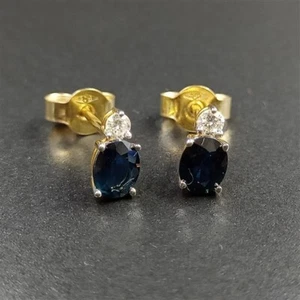 9ct 375 Yellow Gold Stud Earrings with Natural Australian Sapphires and Diamonds - Picture 1 of 11