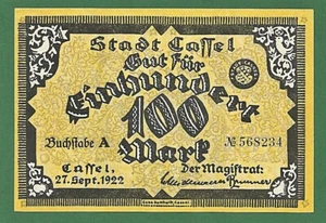 06 125 Notgeld Stadt Cassel 100 Mark, 27.9.1922, Serie A, KN schwarz 6-stellig - Bild 1 von 2