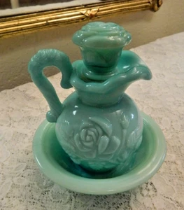 Avon Victorian Pitcher and Bowl Jadeite Green Slag Glass Roses Vintage Set 3 Pc. - Picture 1 of 6