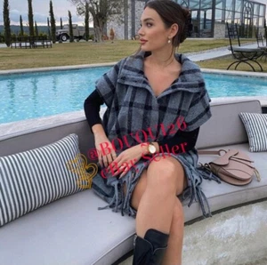 ZARA NWT FW21 OVERSIZED PONCHO WITH FRINGING GREY SIZE XS - XXLREF: 8797/142 - Picture 1 of 9