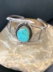 Pulsera de peón antigua de plata esterlina navajo turquesa Kingman 10414 - Imagen 1 de 12
