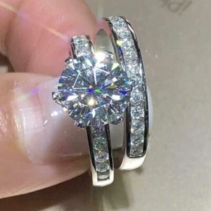 3Ct Round Cut Lab-Created Diamond Women's Bridal Set Ring 14K White Gold Finish - Picture 1 of 3