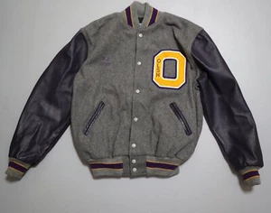OLSH School Letterman Varsity Jacket Coat Purple Gold Grey Large Wool Blend - Picture 1 of 13