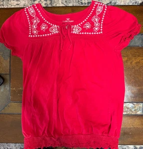 FADED GLORY RED BLOUSE XL WITH EMBROIDERY AND BEADS - Foto 1 di 3
