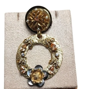 VINTAGE 80s GOLD TONE FLORAL CIRCLE BROOCH PIN STATEMENT ONE OF A KIND - Picture 1 of 9
