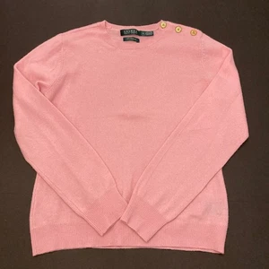 Maglione Lauren Ralph Lauren 100% Cashmere Donna L Petite Rosa Bottone Oro - Foto 1 di 9