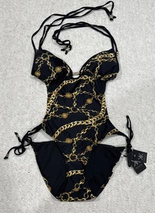 Kardashian Kollection Monokini XL Schwarz Gold Ketten String Neckholder NEU Neu mit Etikett - Bild 1 von 9