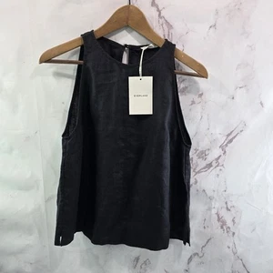 Everlane Tank Top Womens 12 Large Linen Black High Neck Shirt European Keyhole - Picture 1 of 11