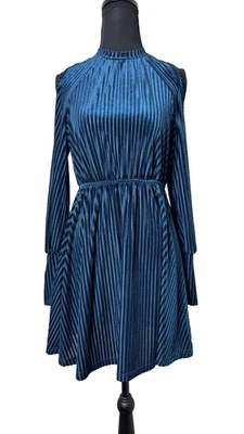 Emery Роза бирюзовый бархата полоски холодные плечи праздник мини-платье маленький новый с Ярлыками - Изображение 1 из 4