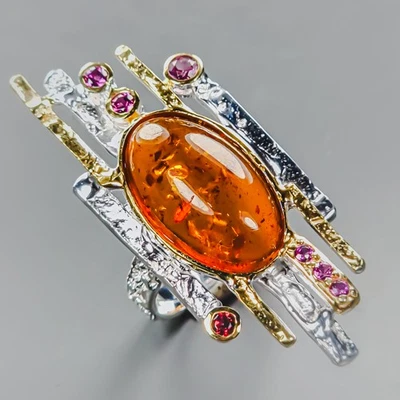 Anillo único ámbar natural de 7 quilates de plata de ley 925 talla 8/R438472 Foto 1 de 4