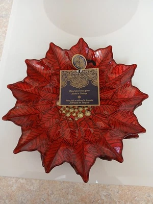 Set of 3 Artistic Accents Red and Gold Poinsettias Glass Side / Candy Plates 9" - Image 1 of 4