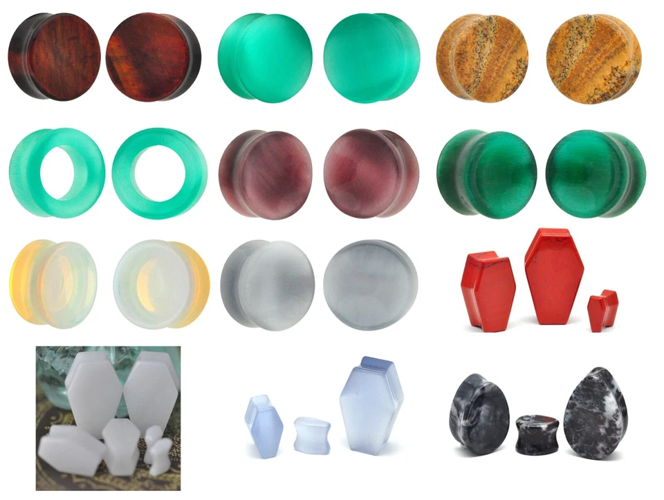 Pair of Stone Double Flare Plugs coffin teardrop round organic - Image 1 of 1