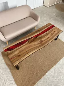 "Elegant Red Epoxy Resin Center Console Table – Modern Wooden Live Edge Decor" - Picture 1 of 13