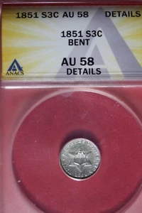 1851 ANACS 3C AU58 DETAILS BENT THREE CENT SILVER #B49183 - Picture 1 of 2