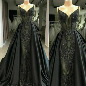 Nuevos vestidos de novia góticos negros sirena cuello en V sin mangas con tren desmontable - Imagen 1 de 9