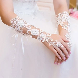 Blumenspitze Hochzeit Braut Lange Handschuhe Kristall Perlen Lolita Zubehör - Bild 1 von 5