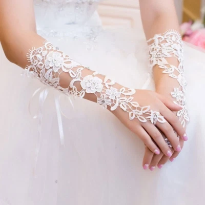 Blumenspitze Hochzeit Braut Lange Handschuhe Kristall Perlen Lolita Zubehör - Bild 1 von 4
