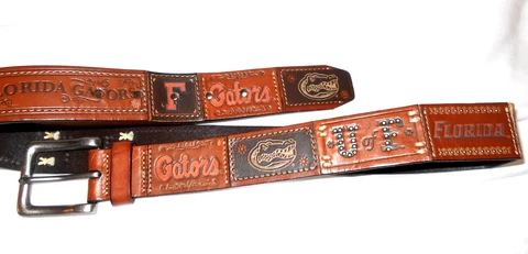 VTG M Fossil Leather Belt Florida Gators Patchwork Tooled University Logo Brown Cover