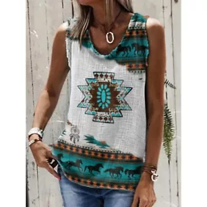 Women Sleeveless T-Shirts Ethnic Print Tank Top Casual V-Neck Vest Camisole - Picture 1 of 14