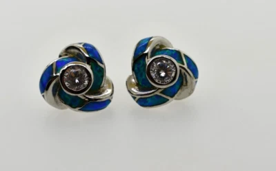 Lab Created Opal & CZ 耳钉 925 纯银 — 第 1/3 张图片