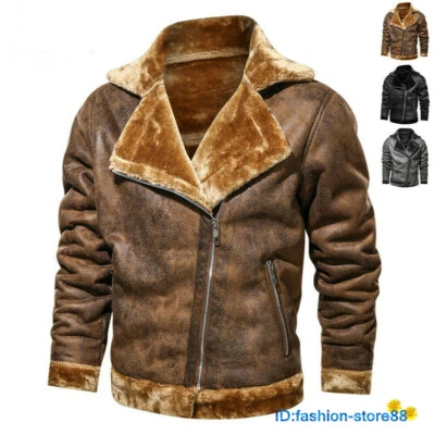 Mens Winter Fleece Jacket Motorcycle Pilot Bomber Flight Casual Coat Fur Outwear - Imagem 1 de 4