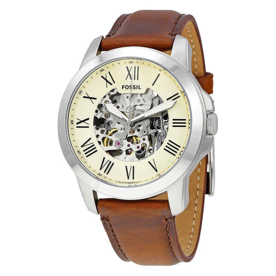 Fossil Grant ME3099 45mm Silver Stainless Steel Case with Brown Leather Strap Men's Wristwatch