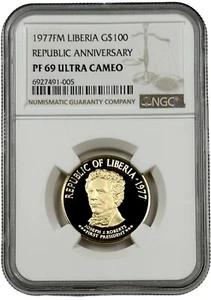 1977 FM Liberia $100 Gold 0.3163 oz Republic Anniversary NGC PF 69 UC - Picture 1 of 2