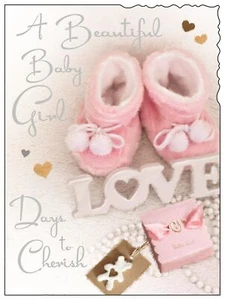 Jonny Javelin Birth Of Baby Girl Greetings Card - Pink Booties & Love 7.25x5.5" - Picture 1 of 2