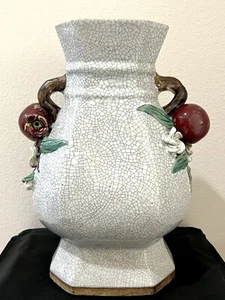 RARE Majolica Chinese Ceramic Art Pottery Vase 3D Pomegranates Flowers Signed - Picture 1 of 22