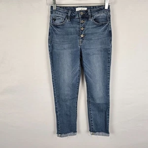 Kancan Jeans Women's 28 Blue Medium Wash Button Fly Rolled Raw Hem Cropped - Picture 1 of 17