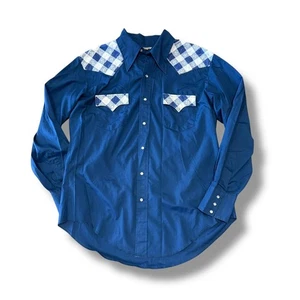 Vintage blau Blumen kariert Perlen Druckknopf Western Knopfleiste Hemd - Bild 1 von 4