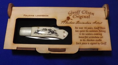 Lockback Knife BONE Handles Hunting Scene Geoff Olson Scrimshaw Original - Image 1 of 4