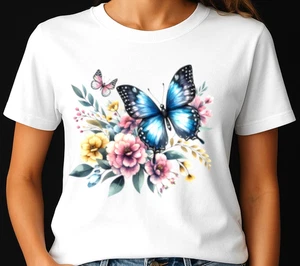 Vibrant Butterfly & Flowers Graphic Tee - Ladies Casual Black T Shirt - Picture 1 of 6