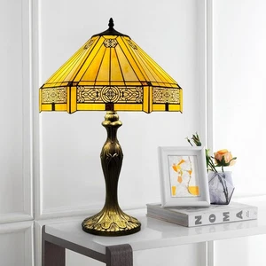 16 Zoll Tiffany gelb Sechseck Tischlampe Buntglasschirm Antik Stil UK - Bild 1 von 6