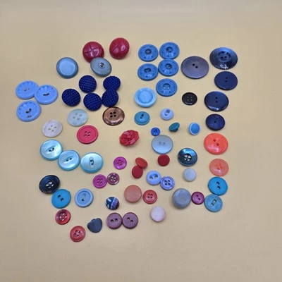 Vintage Mixed Button Lot Reds Blues Sewing Craft Supply Plastic Fabric Assorted - Image 1 of 2