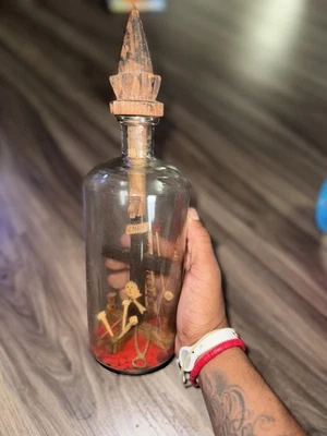 1800s Antique Folk Art Whimsy Bottle HandCarved Wooden Tools, Crucifix, Stopper - Image 1 of 4