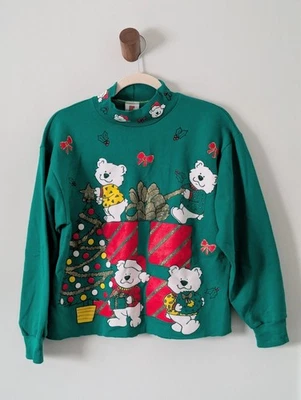 Vintage Holiday Time Bear Sweatshirt Mock Neck Cut Off Small - Image 1 of 4