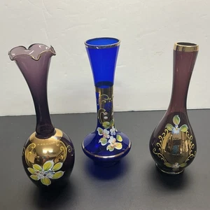 3 Vintage Czech Bohemian Hand Painted Vases 8”h Enameled Gold 2 Amethyst-1Cobalt - Picture 1 of 9