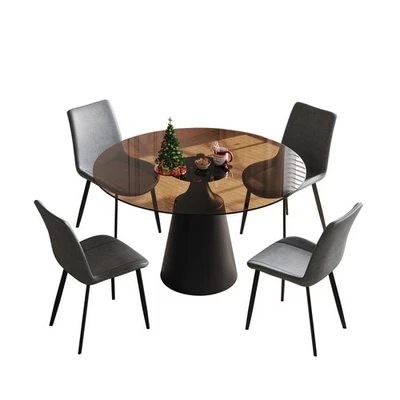 Juego de mesa de cocina de 5 piezas mesa de comedor redonda de 35" con tapa de vidrio con 4 sillas de cuero PU Foto 1 de 4