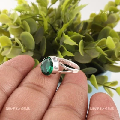 Natürliches Grün Smaragd 925 Sterlingsilber Ehefrau Elegant Solitär Ring Schmuck - Bild 1 von 4