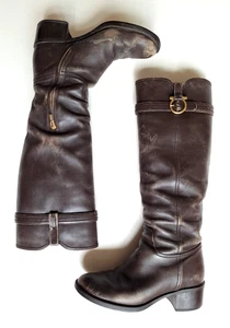 Salvatore Ferragamo Chocolate Brown Knee High Leather Riding Boots Size 9 B - Picture 1 of 10