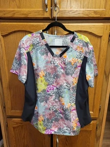Polynesian Print Front, Grey Stretch Side Panels Scrub Top By Cherokee Sz XL - Picture 1 of 11
